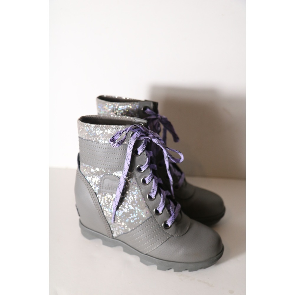 Sorel Lexie Wedge Bootie Silver Sparkle Girls 3 Lace Up Gray Purple